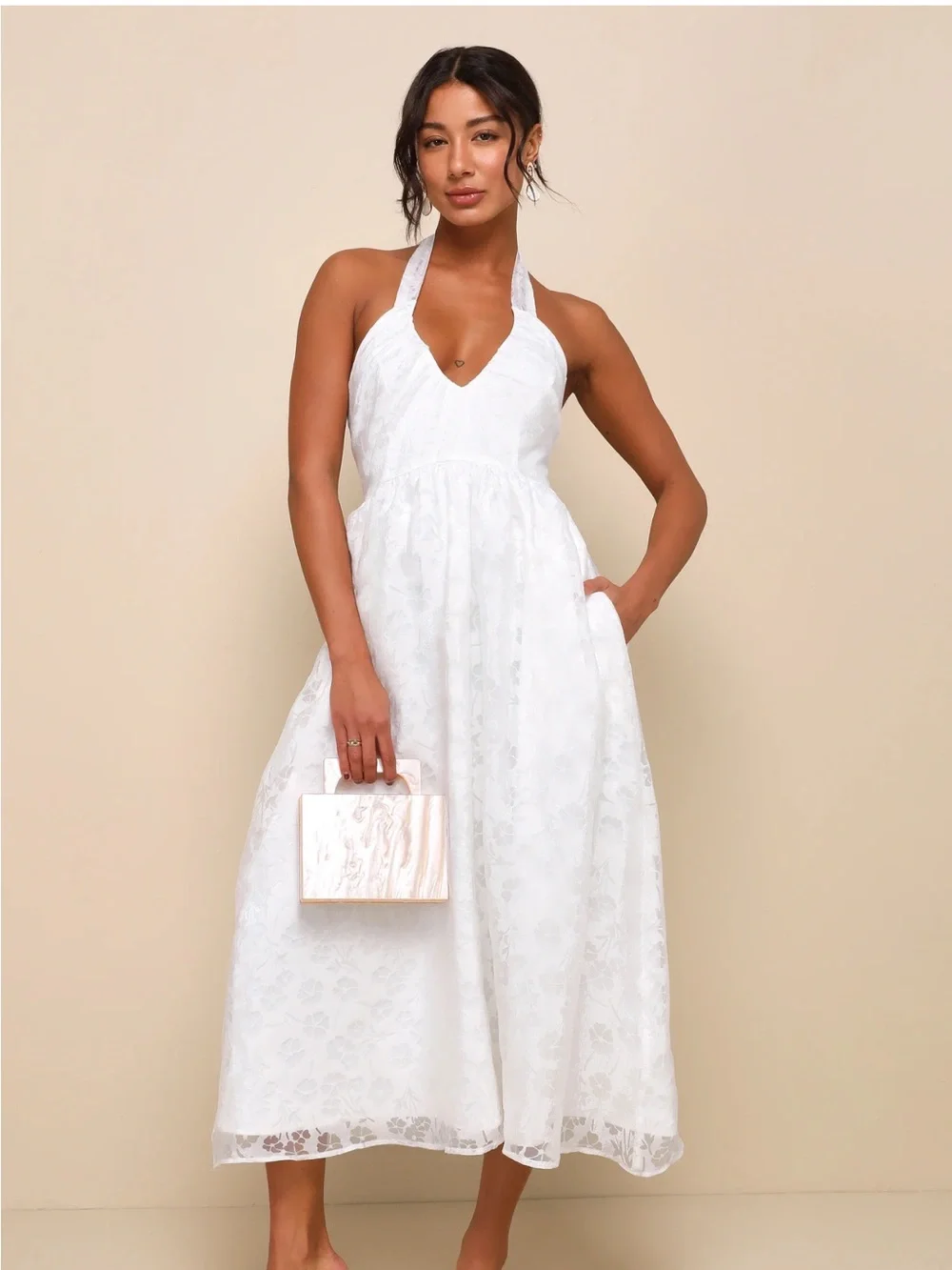 Lulu's Ivory Lace Halter Midi Dress - Picture 1 of 3